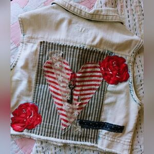 Upcycled Denim Vest with Heart and Rose Design, rustic key embellishment